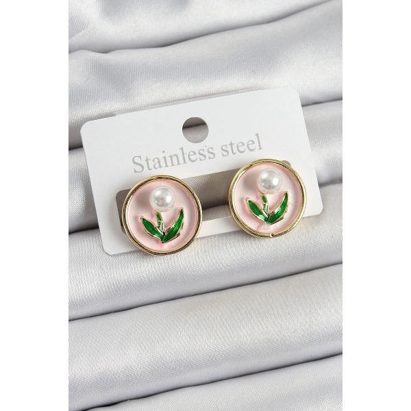 Pirinç Pembe Mineli Lale Figürlü Sanatsal Portre Model Gold Renk Kadın Küpe