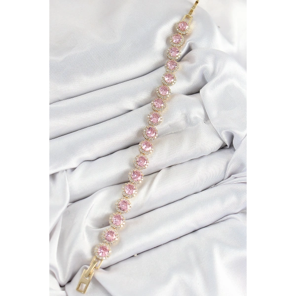 Pirinç Pembe Zirkon Taşlı Daire Baget Model Gold Renk VIP Seri Kadın Bileklik