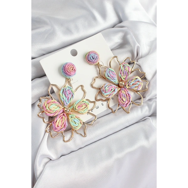 Pirinç Rainbow Çiçek Model Gold Renk Kadın Hasır Küpe