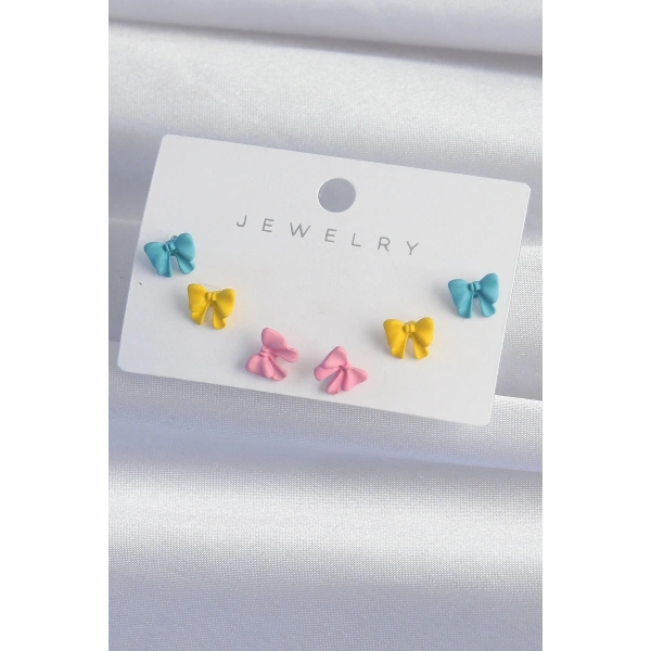 Pirinç Rengarenk Mineli Minimal Fiyonk Küpe Seti