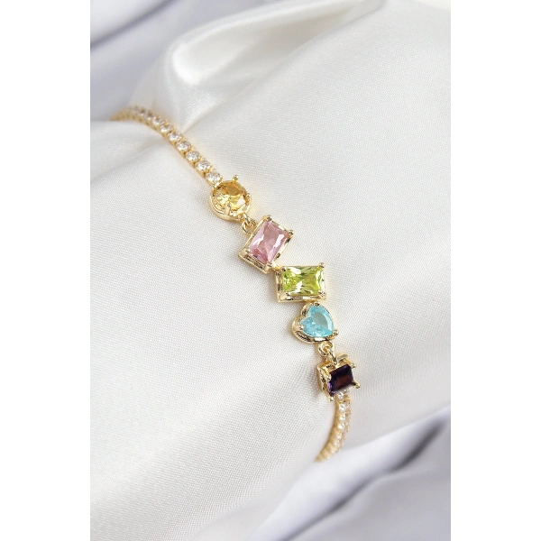 Pirinç Renkli Zirkon Taşlı Geometrik Model Gold Renk Kadın Bileklik