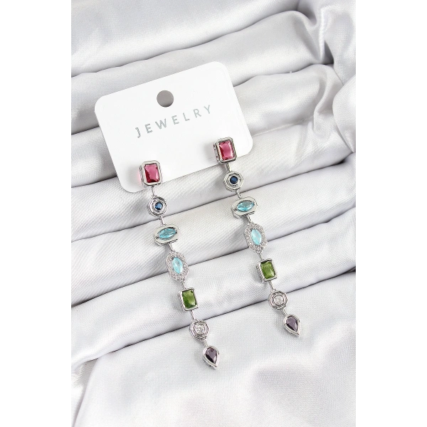 Pirinç Renkli Zirkon Taşlı Sallantılı Model Gümüş Renk Kadın Küpe