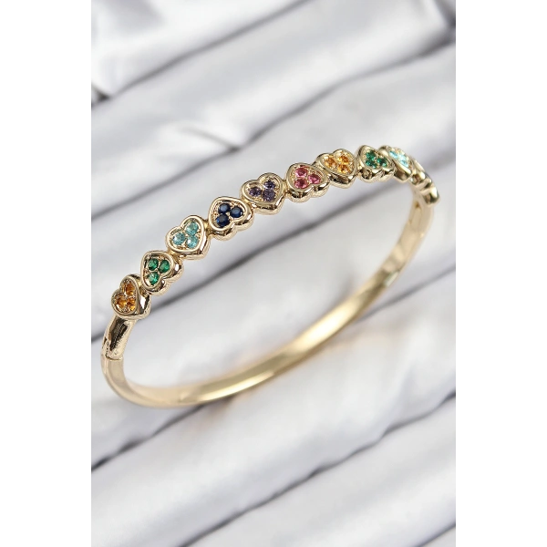 Pirinç Renkli Zirkon Taşlı Sıralı Kalp Model Gold Renk Kadın Kelepçe
