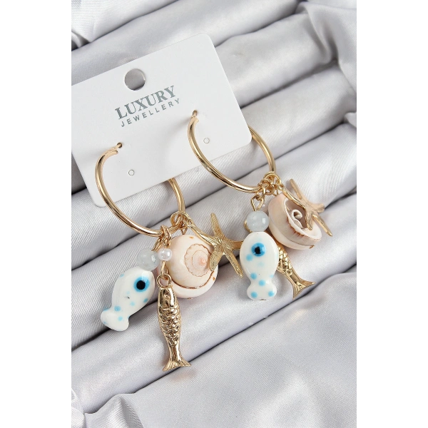 Pirinç Sallantılı Seramik Balık Ve Deniz Kabuğu Model Gold Renk Kadın Küpe