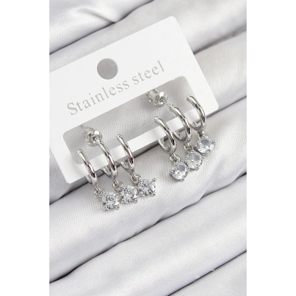 Pirinç Sallantılı Zirkon Taşlı Model Gümüş Renk Kadın Küpe