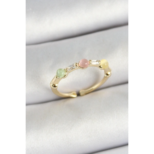 Pirinç Sıralı Boncuk Figürlü Zirkon Taşlı Gold Renk Ayarlanabilir Kadın Yüzük