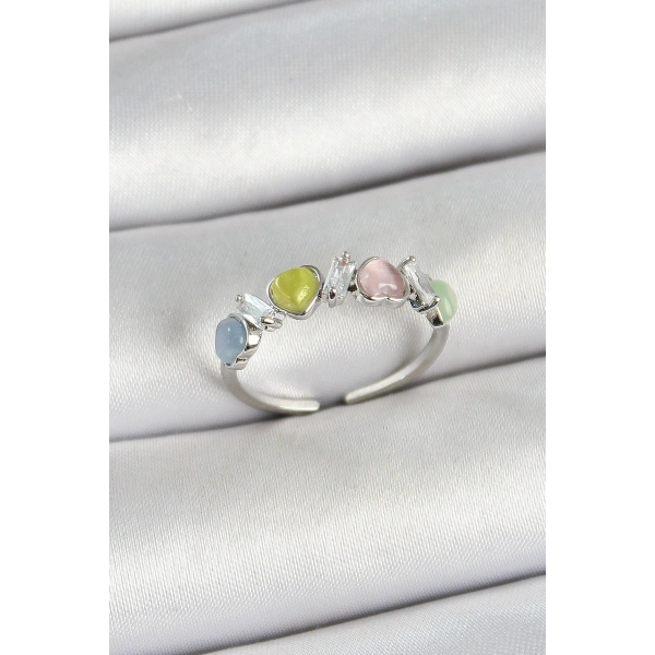 Pirinç Sıralı Kalp Figürlü Zirkon Taşlı Gümüş Renk Ayarlanabilir Kadın Yüzük