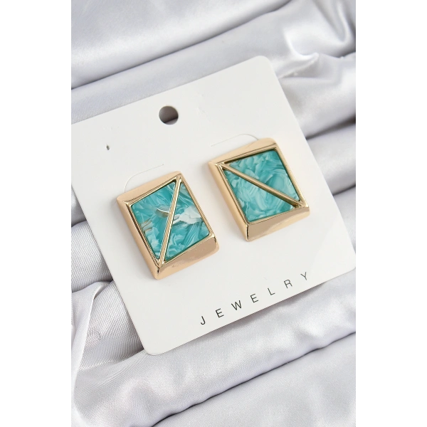 Pirinç Turkuaz Üçgen Kesim Detaylı Kare Model Vintage Gold Renk Kadın Küpe