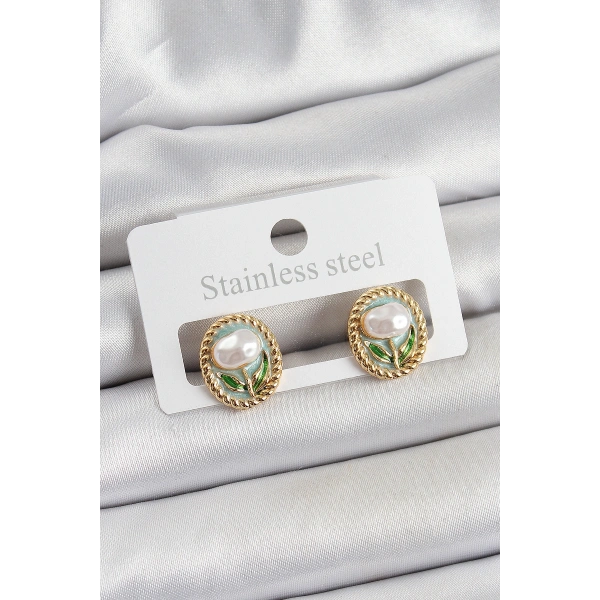 Pirinç Yeşil Mineli Lale Figürlü Sanatsal Portre Model Gold Renk Kadın Küpe