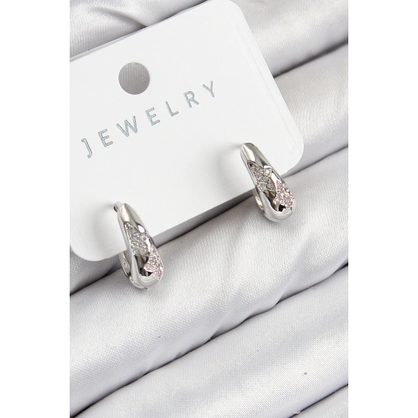 Pirinç Zirkon Taş Desenli Model Gümüş Renk Kadın Küpe