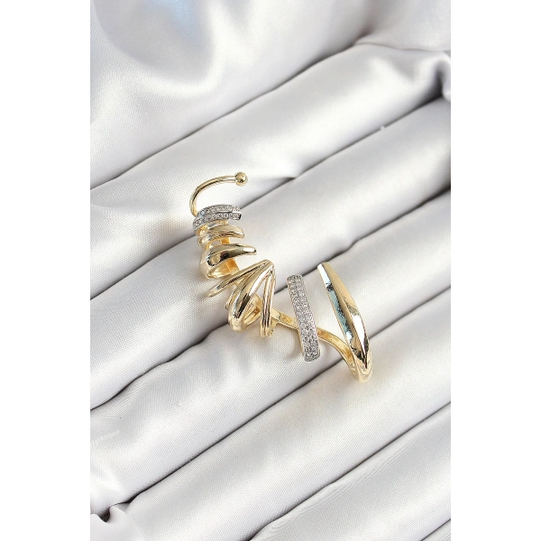 Pirinç Zirkon Taş Kaplamalı Sarmal Figürlü Gold Renk Kadın Sağ Kıkırdak Küpe