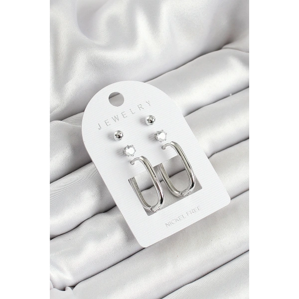 Pirinç Zirkon Taş Ve Dikdörtgen Figürlü Gümüş Renk 3lü Çift Kadın Küpe Set