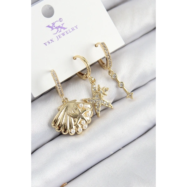 Pirinç Zirkon Taşlı 3lü İstiridye Ve Yıldız Model Gold Renk Kadın Küpe