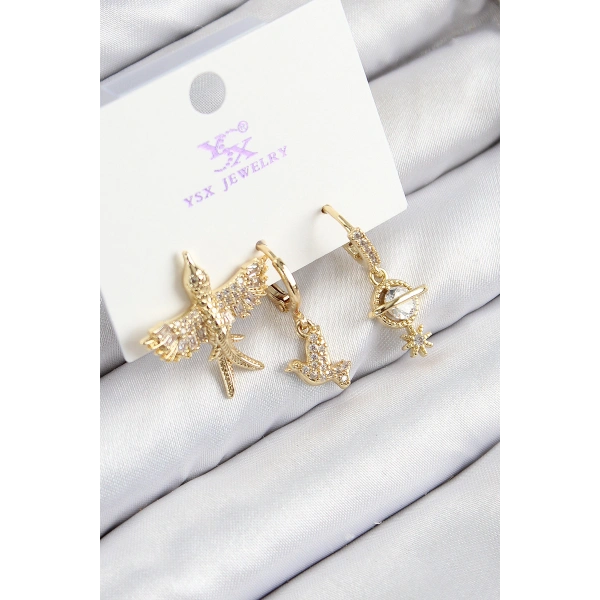 Pirinç Zirkon Taşlı 3lü Kuş Model Gold Renk Kadın Küpe