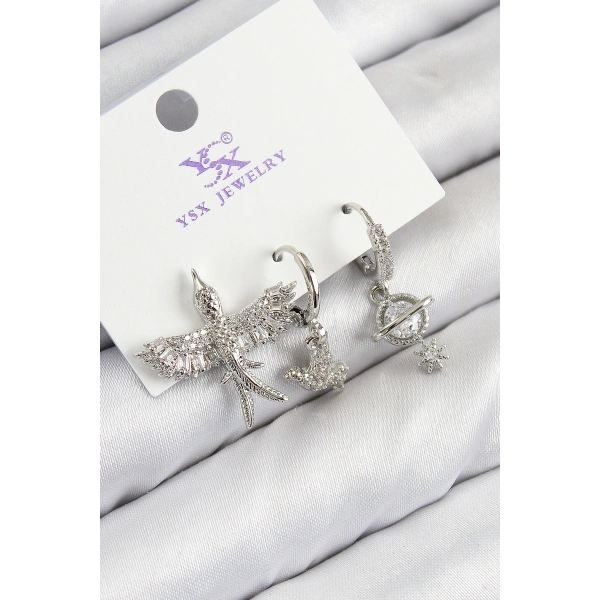 Pirinç Zirkon Taşlı 3lü Kuş Model Gümüş Renk Kadın Küpe