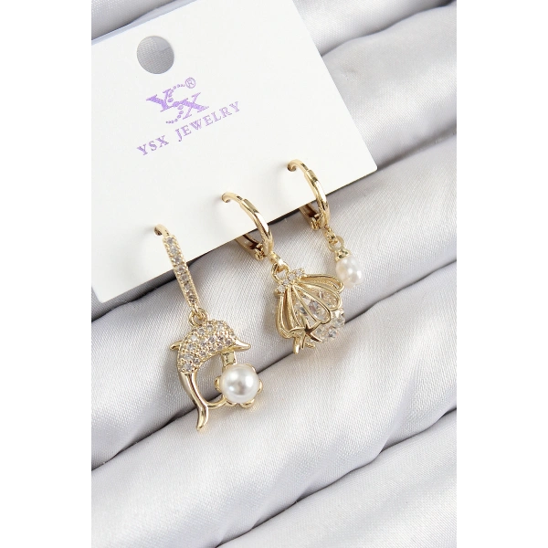 Pirinç Zirkon Taşlı 3lü Yunus Balığı Ve İstiridye Model Gold Renk Kadın Küpe