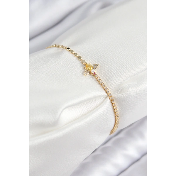 Pirinç Zirkon Taşlı Arı Model Ezme Zincir Gold Renk Kadın Bileklik