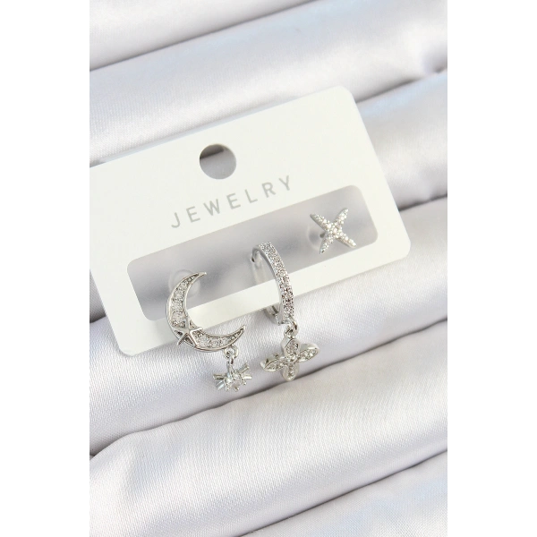 Pirinç Zirkon Taşlı Çiçek Ve Ay Model Gümüş Renk 3lü Çift Kadın Küpe Set