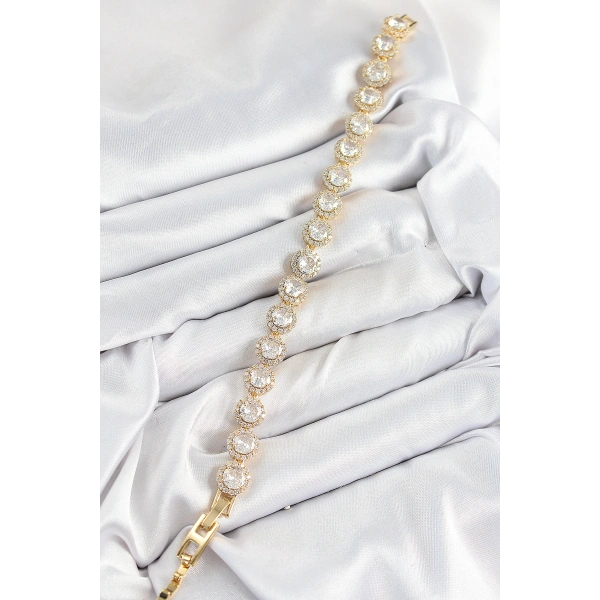 Pirinç Zirkon Taşlı Daire Baget Model Gold Renk VIP Seri Kadın Bileklik