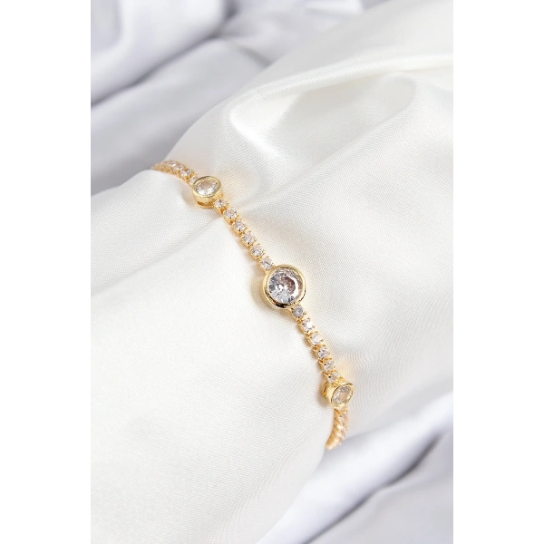 Pirinç Zirkon Taşlı Daire Model Gold Renk Asansörlü Kadın Bileklik