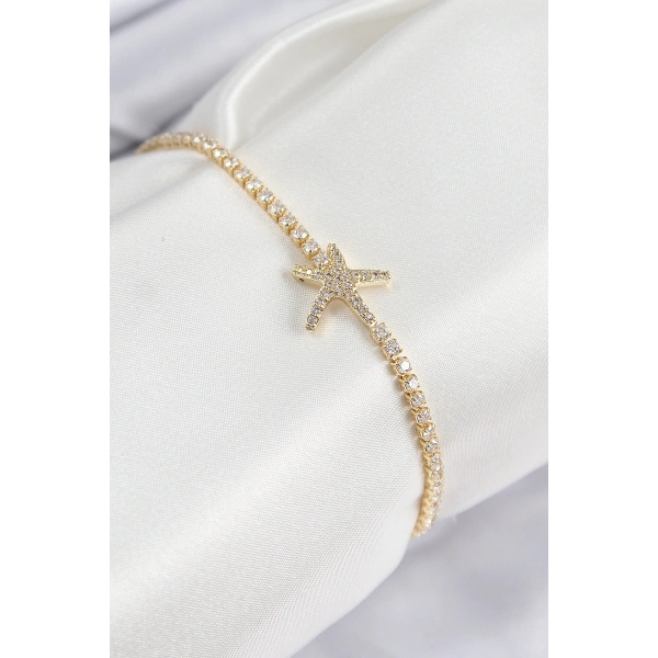 Pirinç Zirkon Taşlı Deniz Yıldızı Model Gold Renk Kadın Bileklik
