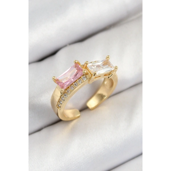 Pirinç Zirkon Taşlı Dikdörtgen Model Gold Renk Kadın Yüzük