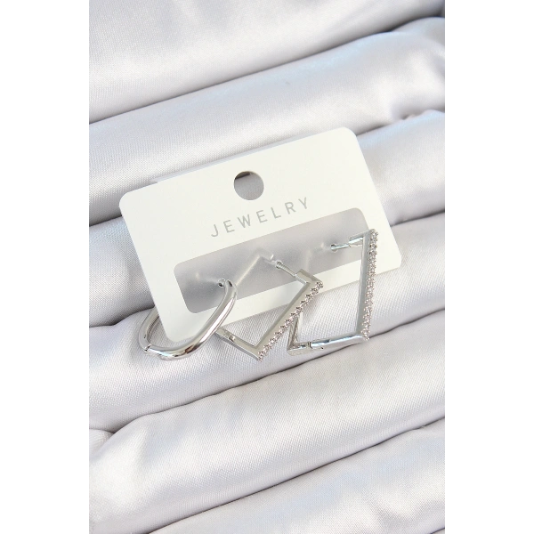 Pirinç Zirkon Taşlı Dikdörtgen Model Gümüş Renk 3lü Çift Kadın Küpe Set