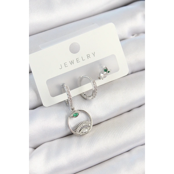 Pirinç Zirkon Taşlı Göz Ve Baykuş Model Gümüş Renk 3lü Çift Kadın Küpe Set