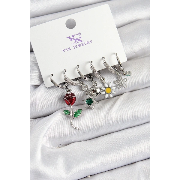 Pirinç Zİrkon Taşlı Gül Ve Papatya Model Gümüş Renk 3lü Çift Kadın Küpe