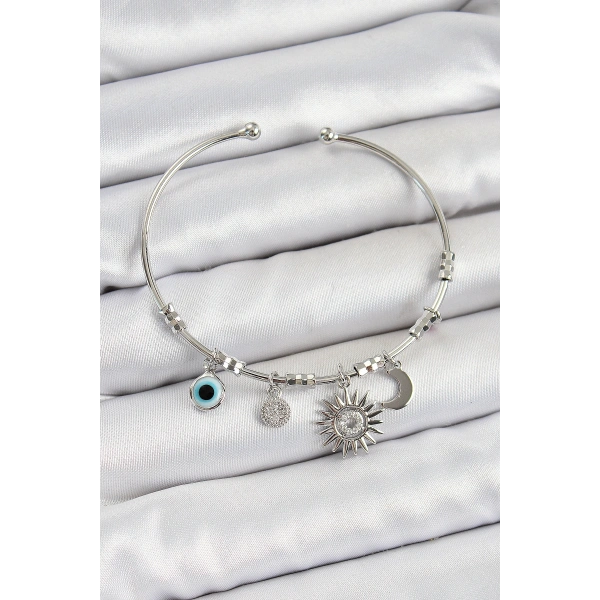 Pirinç Zirkon Taşlı Güneş Ay Ve Nazar Model Gümüş Renk Charm Bileklik