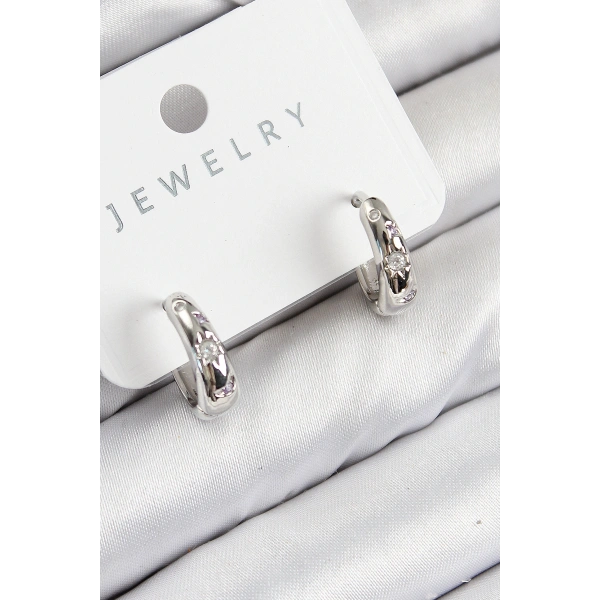 Pirinç Zirkon Taşlı Halka Model Gümüş Renk Kadın Küpe