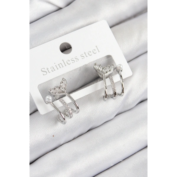 Pirinç Zirkon Taşlı İnci Detaylı Balık Kuyruğu Model Gümüş Renk Kadın Küpe