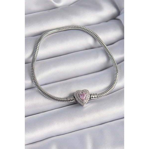 Pirinç Zirkon Taşlı Kalp Figür Charm Model Kadın Bileklik
