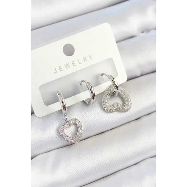 Pirinç Zirkon Taşlı Kalp Model Gümüş Renk 3lü Çift Kadın Küpe Set