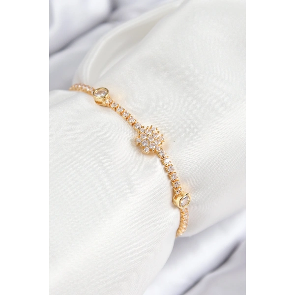 Pirinç Zirkon Taşlı Kar Tanesi Model Gold Renk Asansörlü Kadın Bileklik
