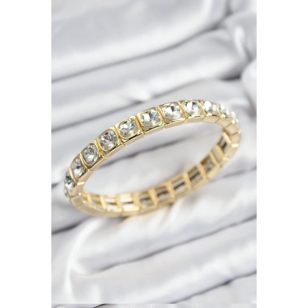 Pirinç Zirkon Taşlı Kare Model Gold Renk Lastikli Kadın Bileklik