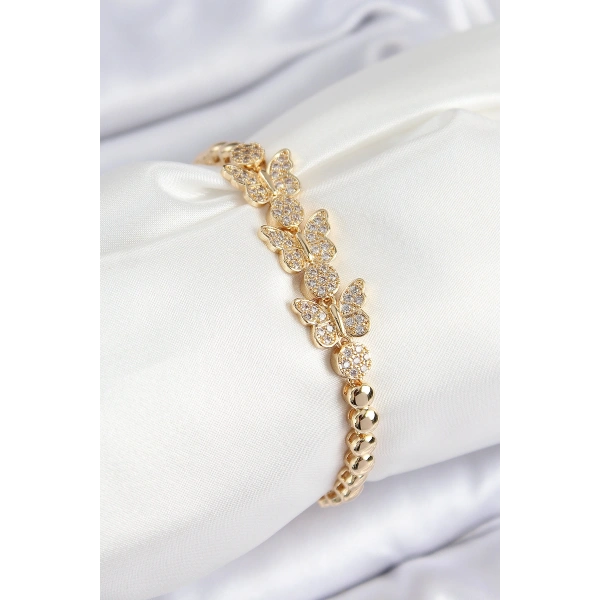Pirinç Zirkon Taşlı Kelebek Model Gold Renk Kadın Bileklik