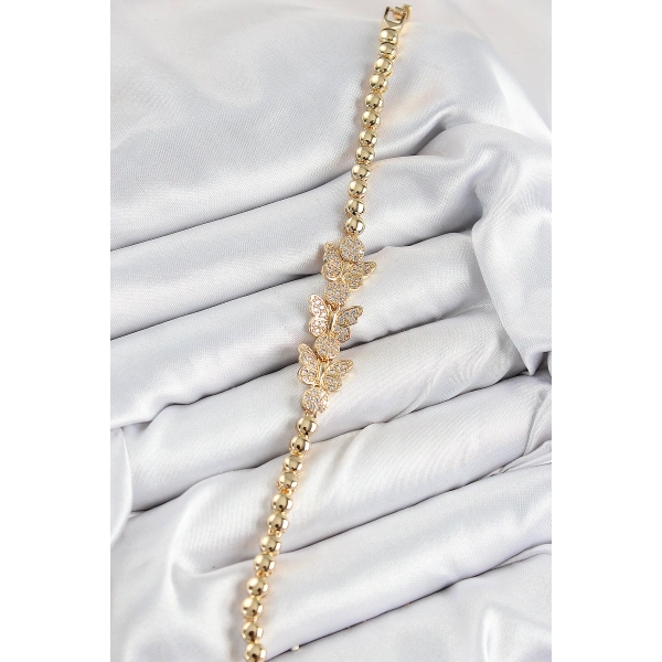 Pirinç Zirkon Taşlı Kelebek Model Gold Renk Kadın Bileklik