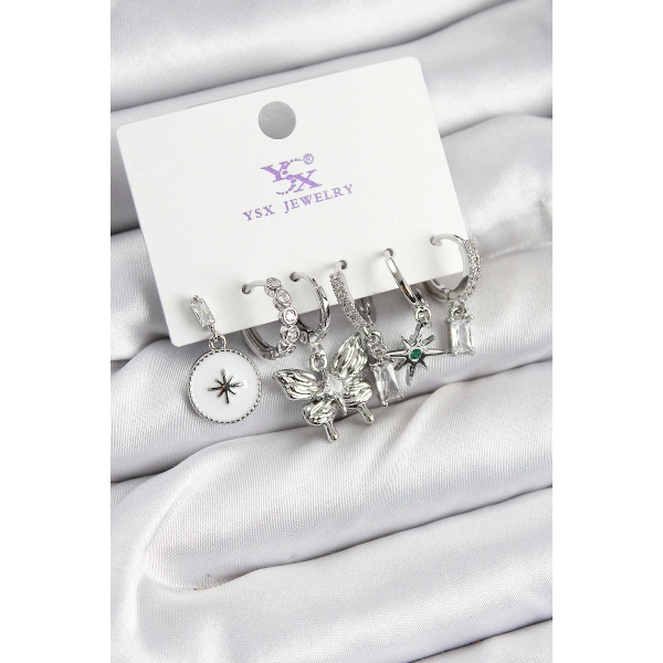 Pirinç Zİrkon Taşlı Kelebek ve Yıldız Model Gümüş Renk 3lü Çift Kadın Küpe