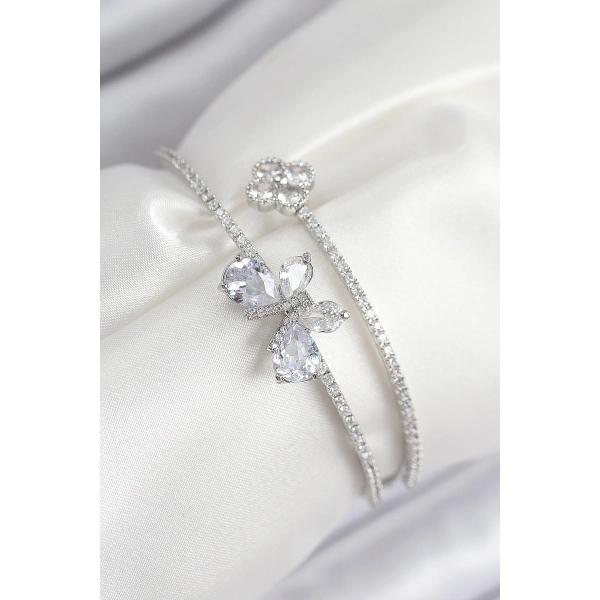 Pirinç Zirkon Taşlı Kelebek Ve Yonca Model Gümüş Renk Kadın Bileklik