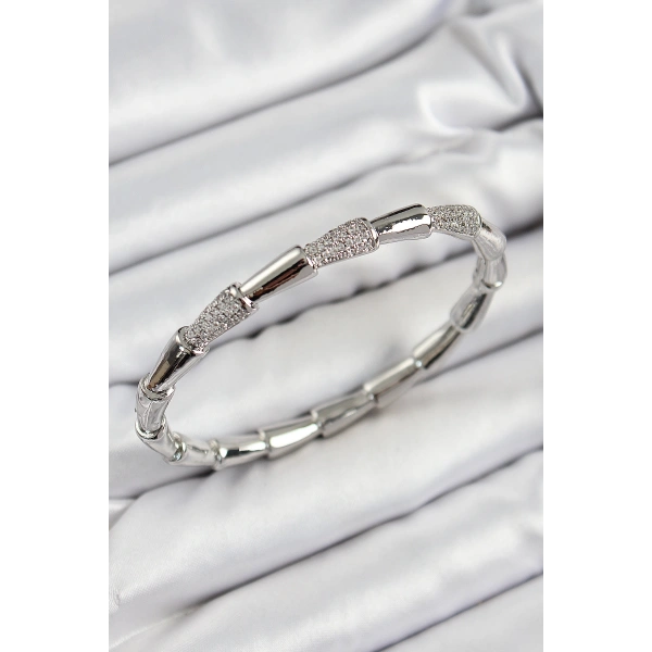 Pirinç Zirkon Taşlı Kemik Model Gümüş Renk Vip Kadın Bileklik
