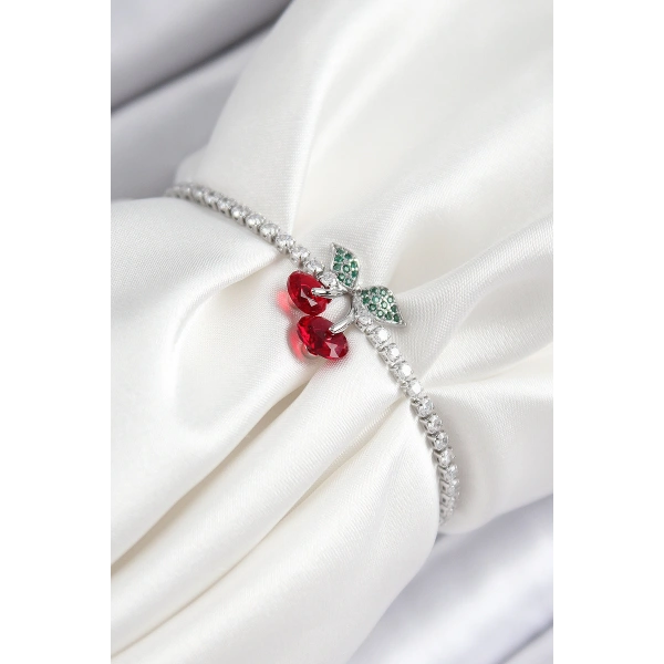 Pirinç Zirkon Taşlı Kiraz Model Gümüş Renk Asansörlü Kadın Bileklik