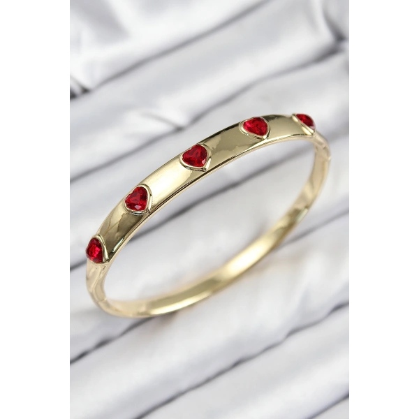 Pirinç Zirkon Taşlı Kırmızı Kalp Model Gold Renk Kadın Kelepçe