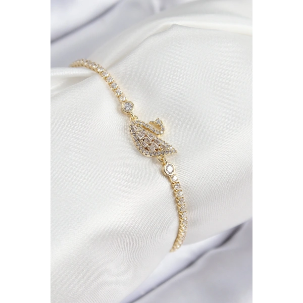 Pirinç Zirkon Taşlı Kuğu Model Gold Renk Kadın Bileklik