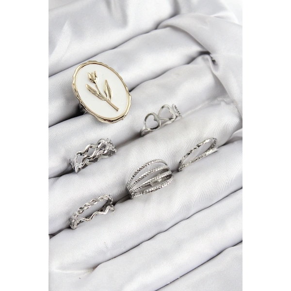 Pirinç Zirkon Taşlı Lale Model Gümüş Renk Kadın Yüzük Kombin Set