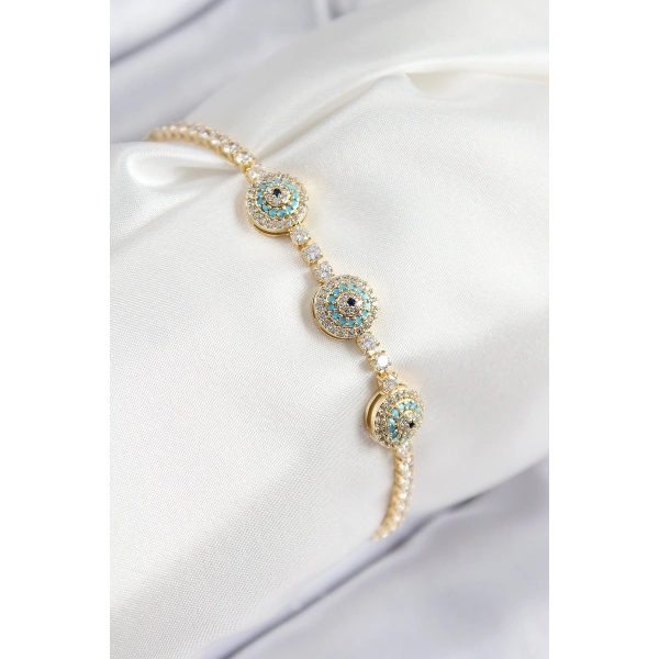 Pirinç Zirkon Taşlı Nazar Model Gold Renk Kadın Bileklik