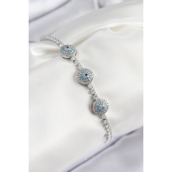 Pirinç Zirkon Taşlı Nazar Model Gümüş Renk Kadın Bileklik