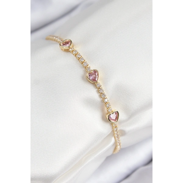 Pirinç Zirkon Taşlı Pembe Kalp Model Gold Renk Kadın Bileklik