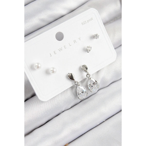 Pirinç Zirkon Taşlı Sallantılı Damla Model Gümüş Renk 925 Ayar Gümüş Çivi Kadın Küpe Set