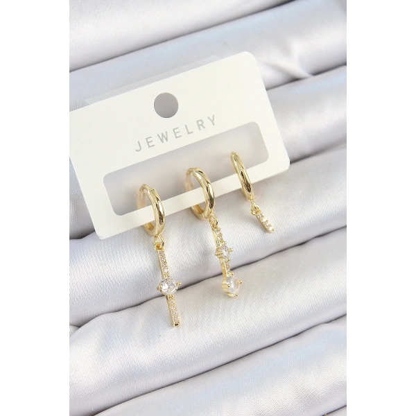 Pirinç Zirkon Taşlı Sallantılı Model Gold Renk 3lü Çift Kadın Küpe Set